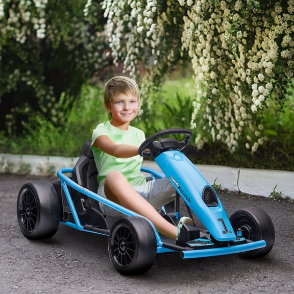 Aosom 24V 8.1 MPH Drifting Electric Go Kart with Slow Start, Music, Horn, Safety Belt for 8-12 Years, Blue