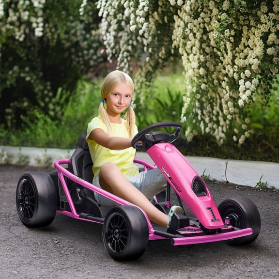 Aosom 24V 8.1 MPH Drifting Electric Go Kart with Slow Start, Music, Horn, Safety Belt for 8-12 Years, Pink