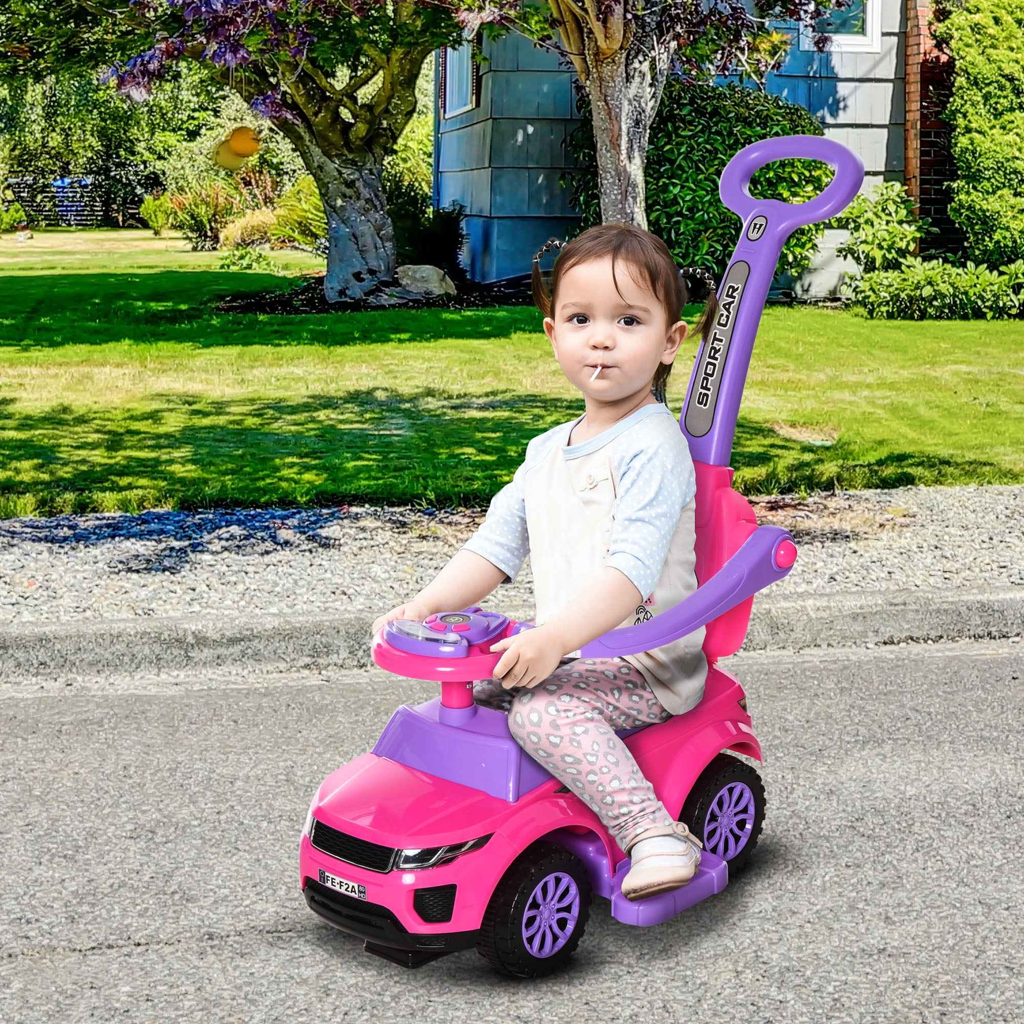 Pink and Purple 3-in-1 Toddler Push Car with Music and Lights