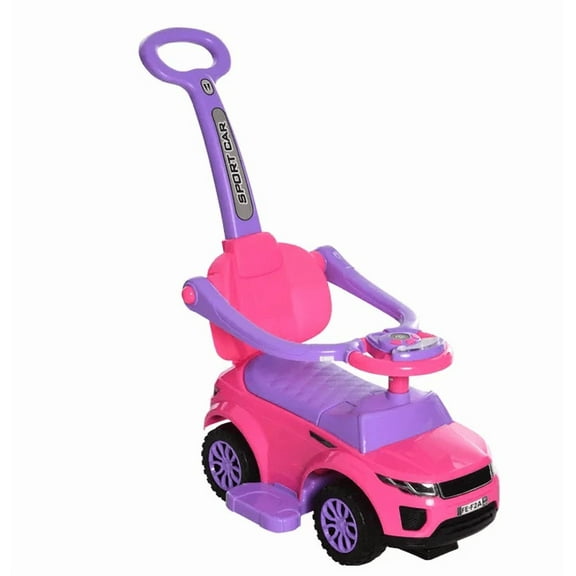 Aosom 3 in 1 Toddler Ride-On Car Push Car Sliding Walking Toy Horn Music Light Pink 1-3 Years Old