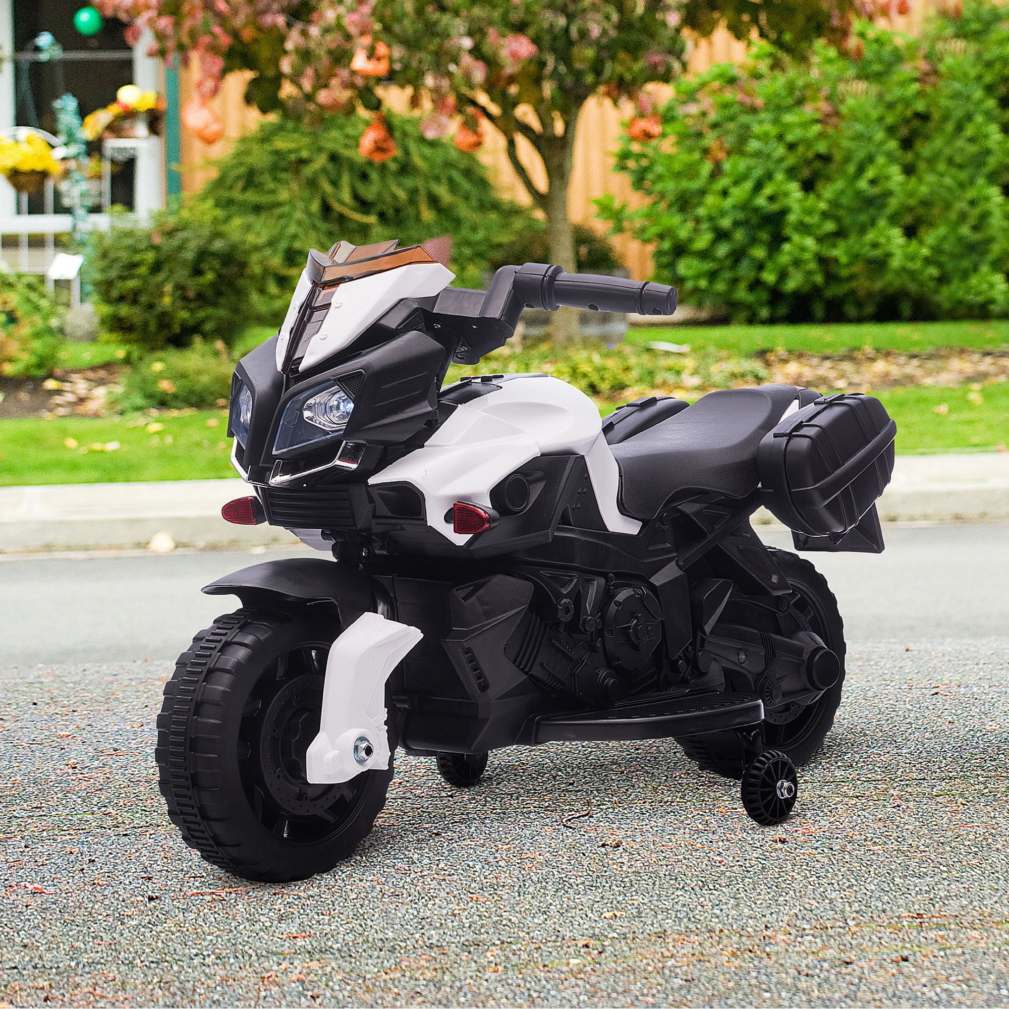 White 6V Kids Electric Motorcycle with Training Wheels