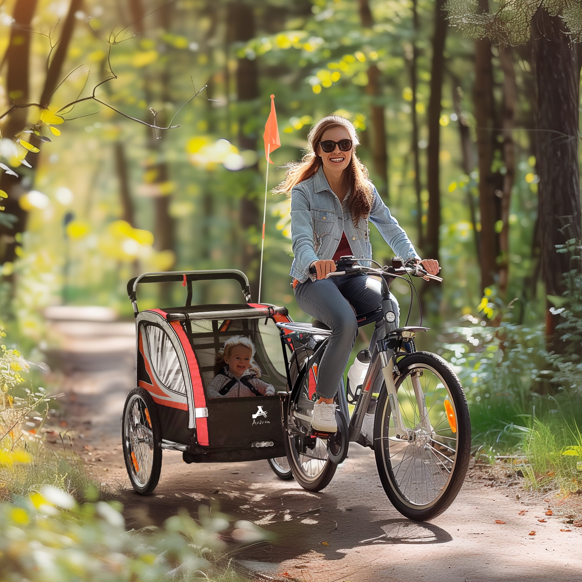 Aosom Baby Bike Trailer for Kids 2 Seater, Bike Stroller, Red