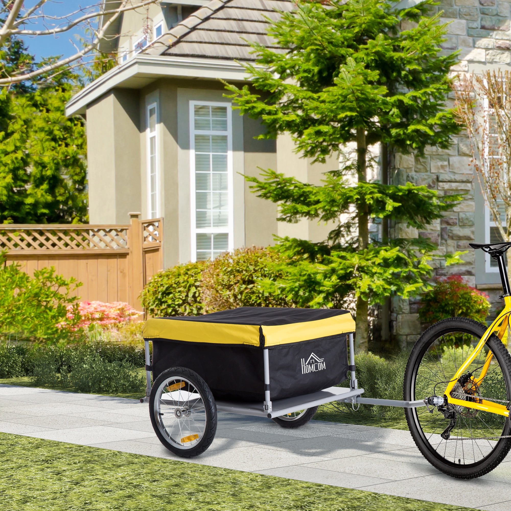 Aosom Bicycle Cargo Trailer, Two-Wheel Bike Luggage Wagon Bicycle Trailer with Removable Cover, Yellow