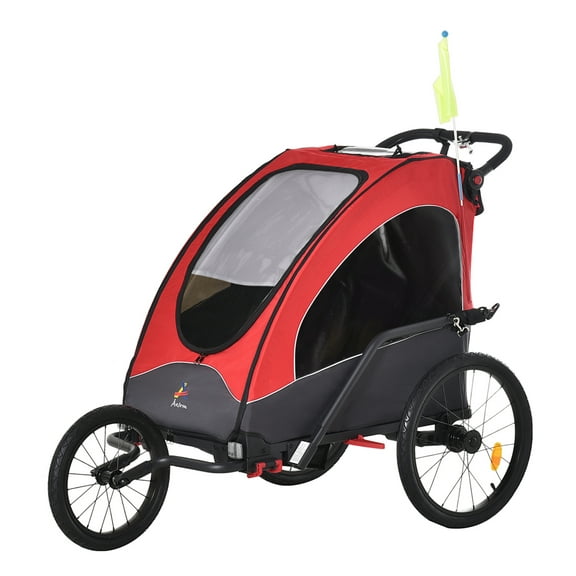 Aosom Bike Trailer for Kids 3 In1 Foldable Child Jogger Stroller Baby Stroller Transport Carrier with Shock Absorber System Rubber Tires Adjustable Handlebar Kid Bicycle Trailer Red and Grey