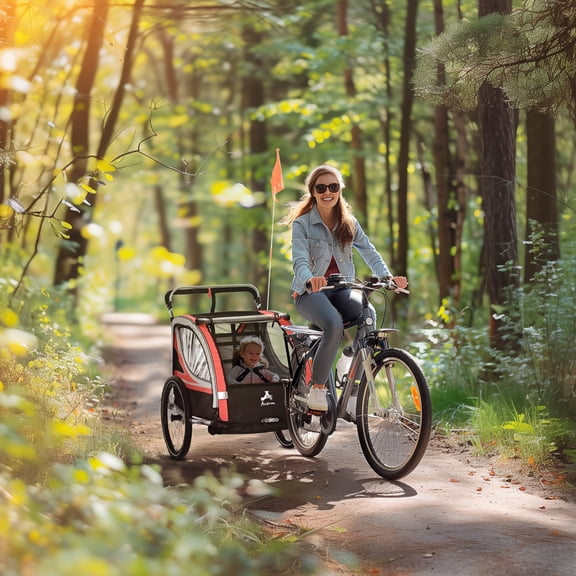Aosom Child Baby Bike Trailer Kids 2 Seater, Bike Stroller Toddler, Red