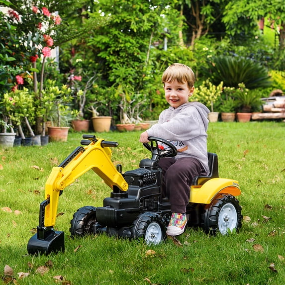 Aosom Children's Ride-On Toy Pedal Digger, Pretend Play Construction Car with Horn for Kids & Toddlers 3+, Yellow