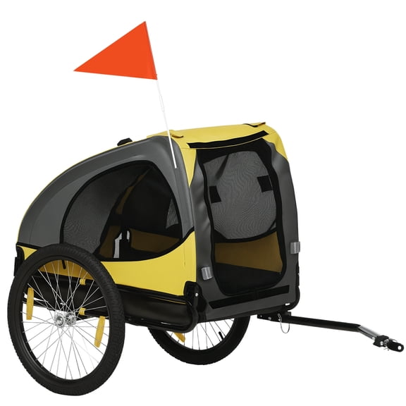Aosom Dog Bike Trailer, Pet Bike Wagon with Steel Frame, Hitch Coupler, Quick Release Wheels, Reflectors, Flag, Pet Travel Carrier for Medium Dogs, Yellow