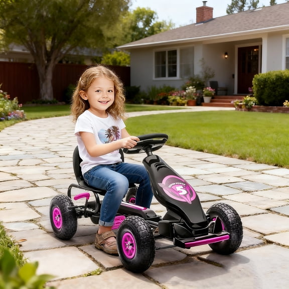 Aosom Ergonomic Pedal Go Kart Kids Ride-on Toy, Pedal Car with Tough, Wear-Resistant Tread, Go Cart Kids Car for Boys & Girls, Ages 5-12, Pink