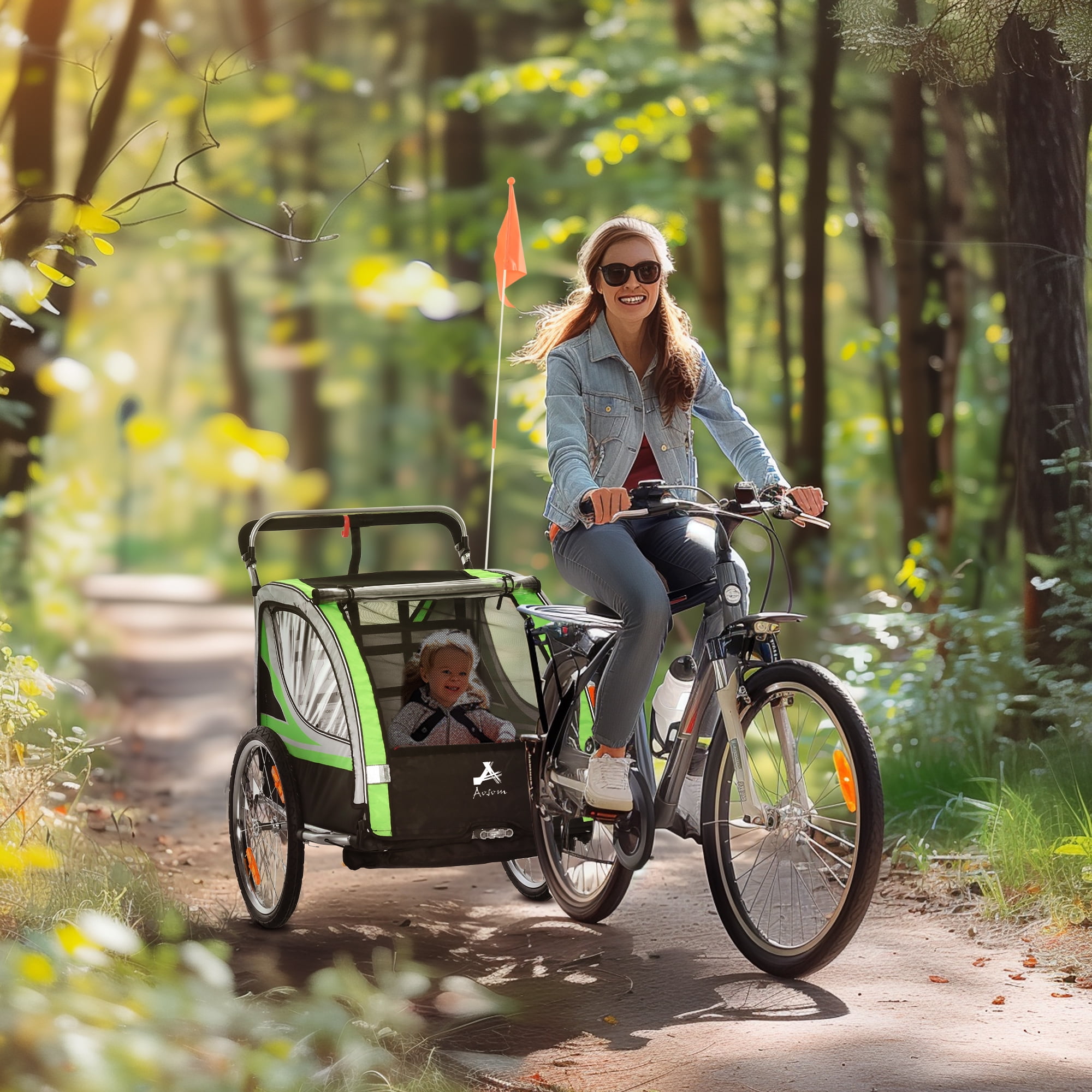 Green Foldable 2-in-1 Child Bike Trailer Stroller