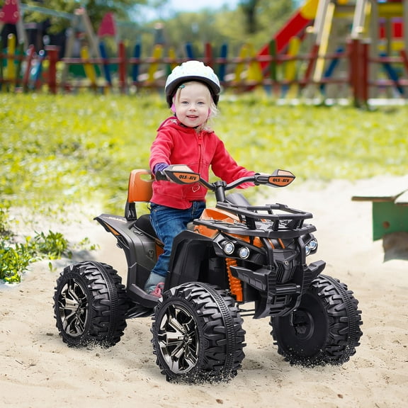 Aosom Kids ATV, 12V 4 Wheeler Ride on Quad Car Toy with Music, Headlights, Battery Powered Electric Vehicle for Boys and Girls, Orange