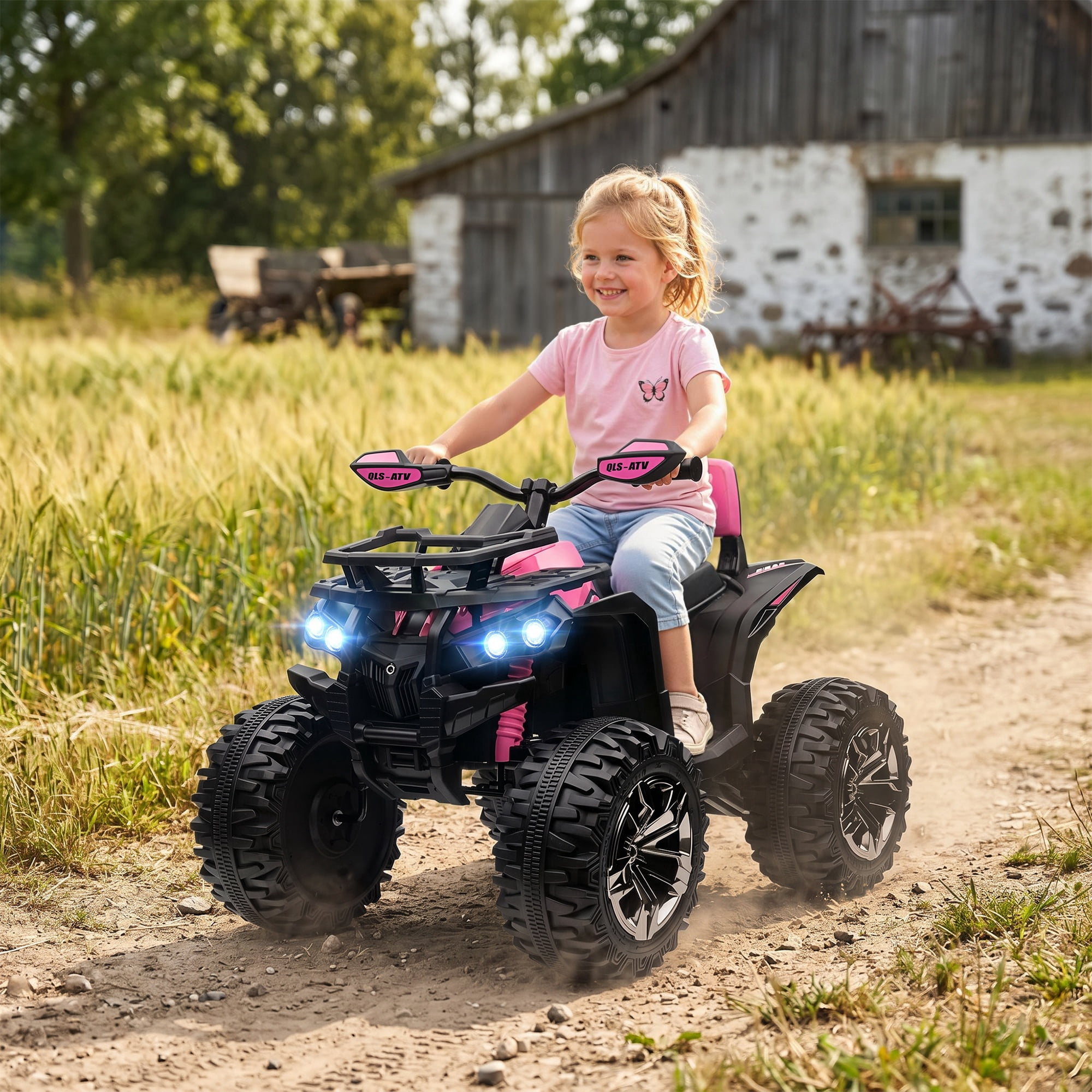 Aosom Kids ATV, 12V 4 Wheeler Ride on Quad Car Toy with Music, Headlights, Battery Powered Electric Vehicle for Boys and Girls, Pink