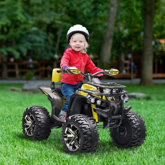 Aosom Kids ATV, 12V 4 Wheeler Ride on Quad Car Toy with Music, Headlights, Battery Powered Electric Vehicle for Boys and Girls, Yellow
