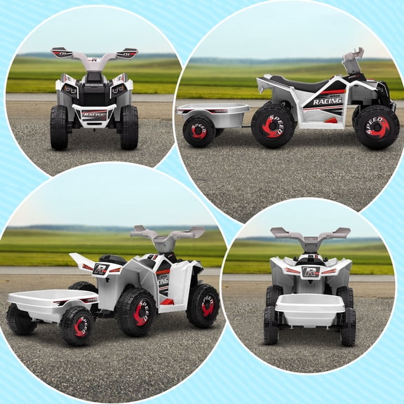 Aosom Kids ATV Quad Car with Trailer, 6V Electric Ride On, White