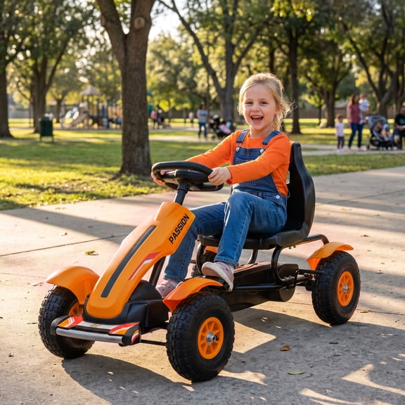 Aosom Kids Pedal Go Kart, Outdoor Ride on Toys with Adjustable Seat, Handbrake, 4 Non-Slip Rubber Wheels for Boys & Girls Aged 5-12 Years Old, Orange