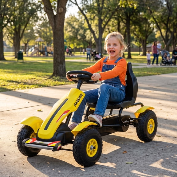 Aosom Kids Pedal Go Kart, Outdoor Ride on Toys with Adjustable Seat, Handbrake, 4 Non-Slip Rubber Wheels for Boys & Girls Aged 5-12 Years Old, Yellow