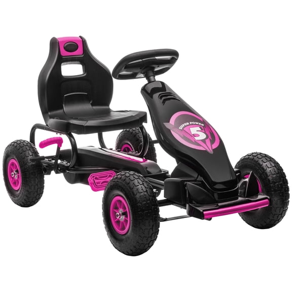 Aosom Kids Pedal Go Kart Ride-on Toy with Ergonomic Comfort, Pink Plastic Pedal Car for Boys Girls Ages 5-12, Safety Hand Brake, Suspension System