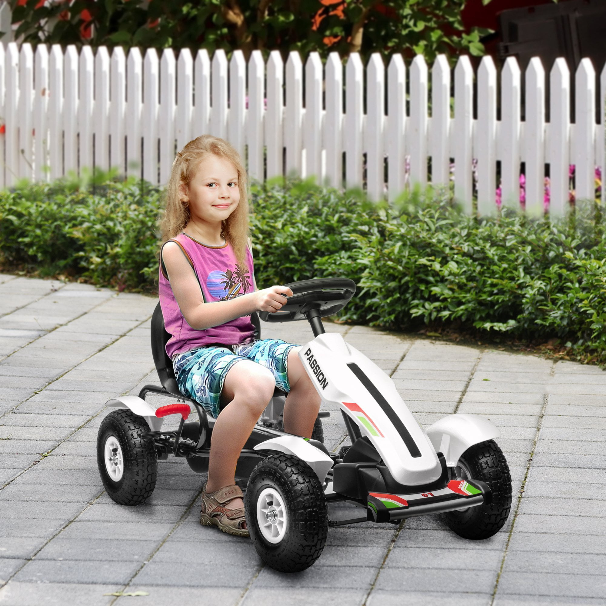 White Adjustable Kids Pedal Go Kart with Rubber Wheels