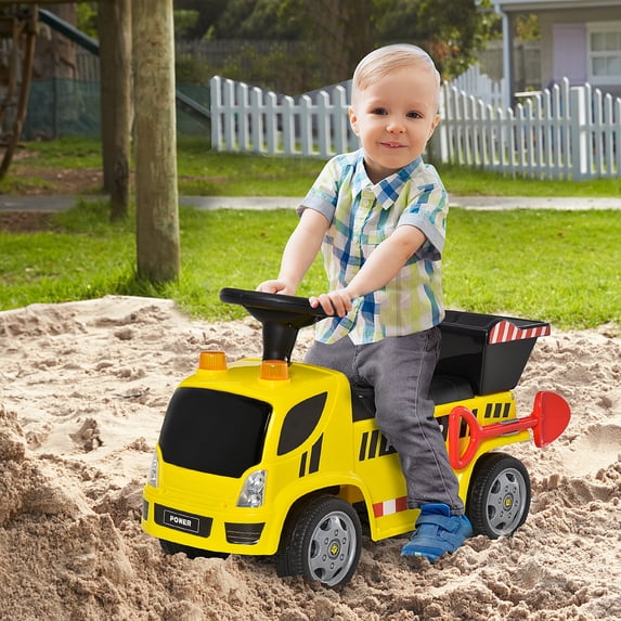 Aosom Kids Push Car Toddler Ride-on Construction Toy Cart for Age 18-36 Months with Shovel, Headlights, and Music, Yellow