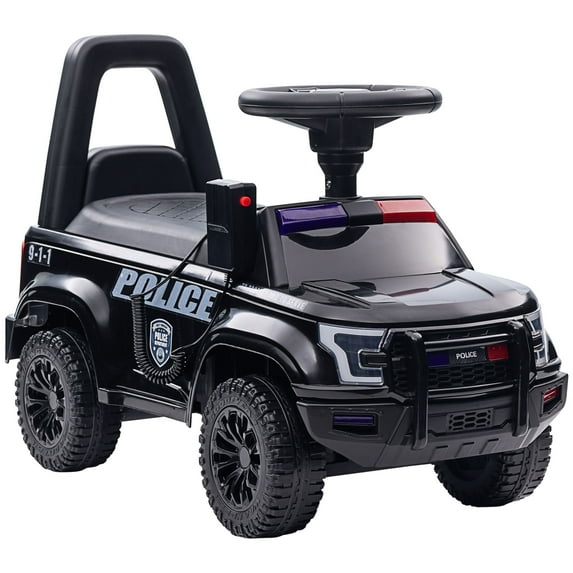Aosom Kids Push Ride On Car with Working PA System and Horn Police Truck Style Foot-to-Floor Sliding Car for Boys and Girls with Under-Seat Storage for 18 Months to 5 Years Old Black