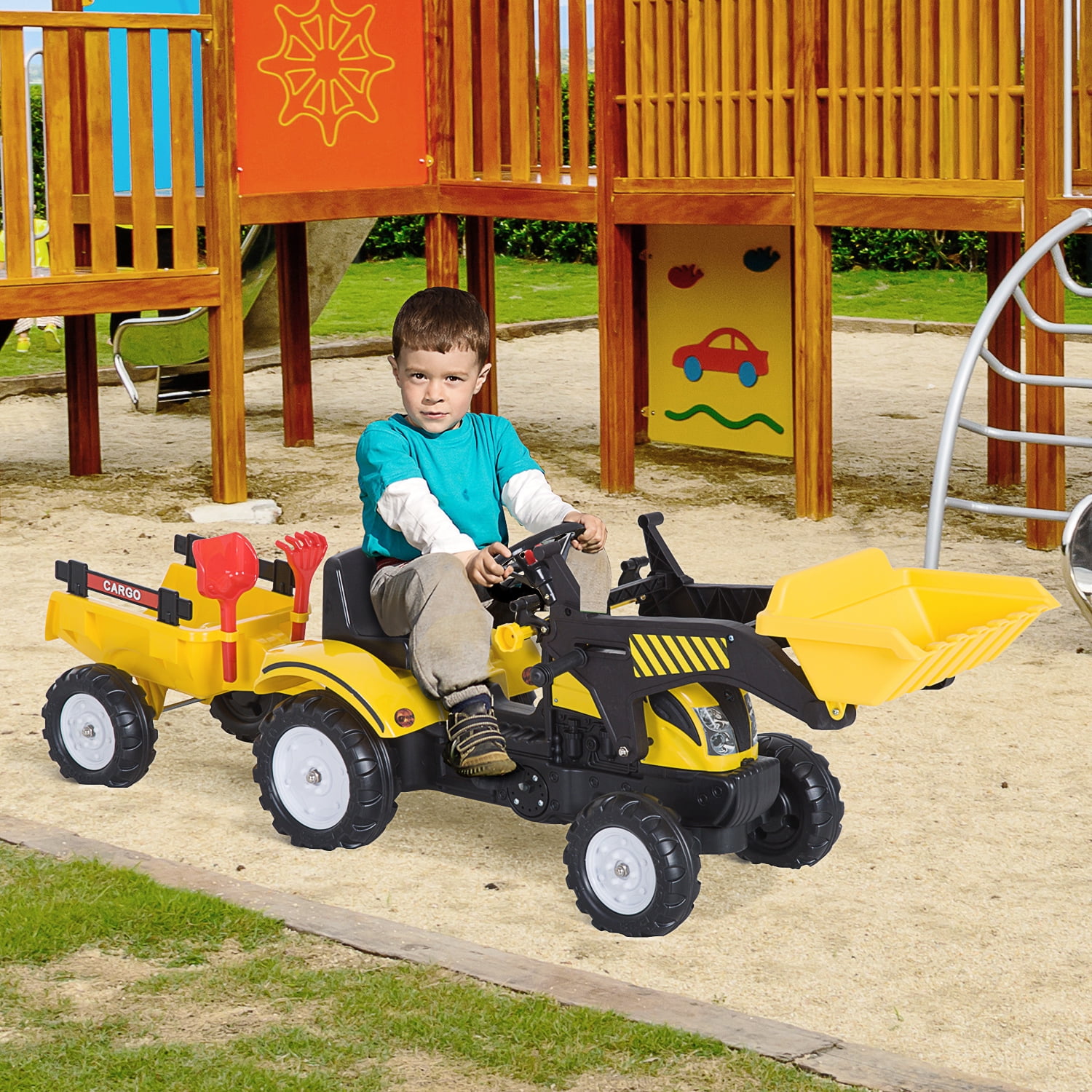 Yellow Pedal-Controlled Kids Ride-On Excavator with Trailer