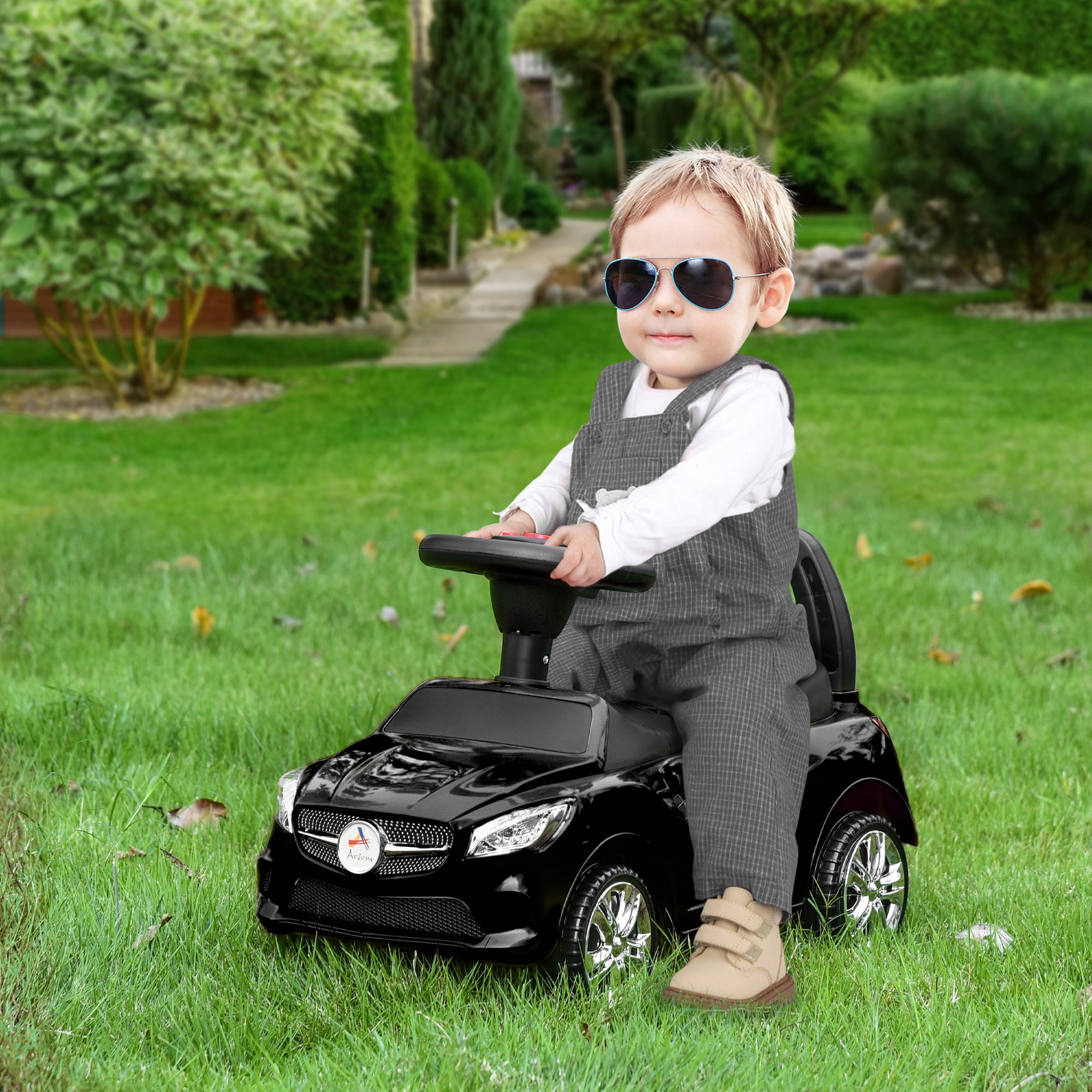 Black Toddler Ride-On Push Car with Horn and Storage