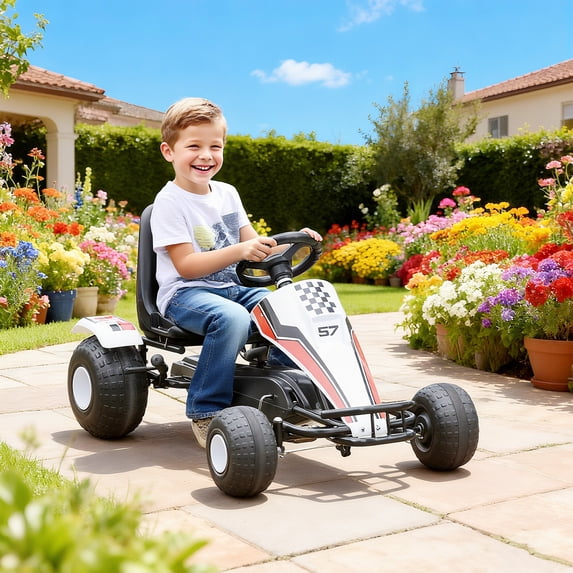 Aosom Pedal Go Kart Children Ride on Car Racing Style with Adjustable Seat, Plastic Wheels, Handbrake and Shift Lever, White