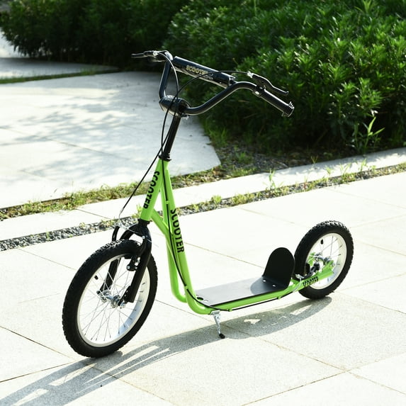 Aosom Teens Youth Kick Scooter Adjustable Handlebar Ride On Toy For 5+ w/ Front and Rear Dual Brakes Inflatable Wheels, Green