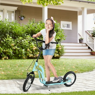 Aosom Youth Scooter Front and Rear Caliper Dual Brakes 12-Inch Inflatable Front Wheel Ride On Toy For Age 5 , Blue