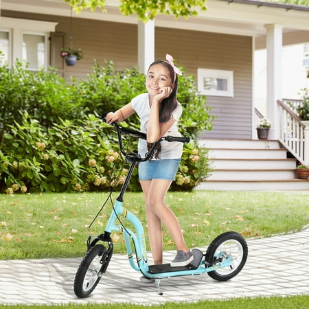 Aosom Youth Scooter Front and Rear Caliper Dual Brakes 12-Inch Inflatable Front Wheel Ride On Toy For Age 5+, Blue