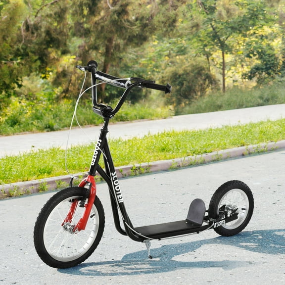 Aosom Teens Youth Kick Scooter Adjustable Handlebar Ride On Toy For 5+ w/ Front and Rear Dual Brakes Inflatable Wheels, Black