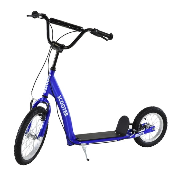 Aosom Youth Scooter Kick Scooter for Kids 5+ with Adjustable Handlebar 16" Front and 12" Rear Dual Brakes Inflatable Wheels, Blue