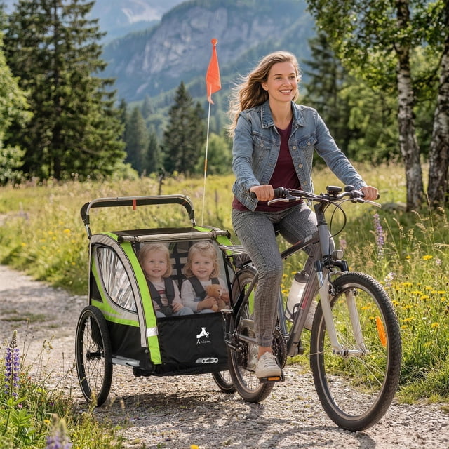 Aosom 3-in-1 Walk/Jog/Ride Child Baby Bike Trailer for Kids 2 Seater, Bike Stroller for Toddler Wagon, Double Bicycle Trailer Accessory, Green