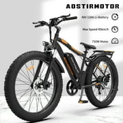 Aostirmotor Electric Mountain Bike, 750W Motor 48V 13AH Removable Lithium Battery Ebike with Rack, 26 4.0 inch Fat tire Bike, Electric Bicycle for AdultsBlackUL2849