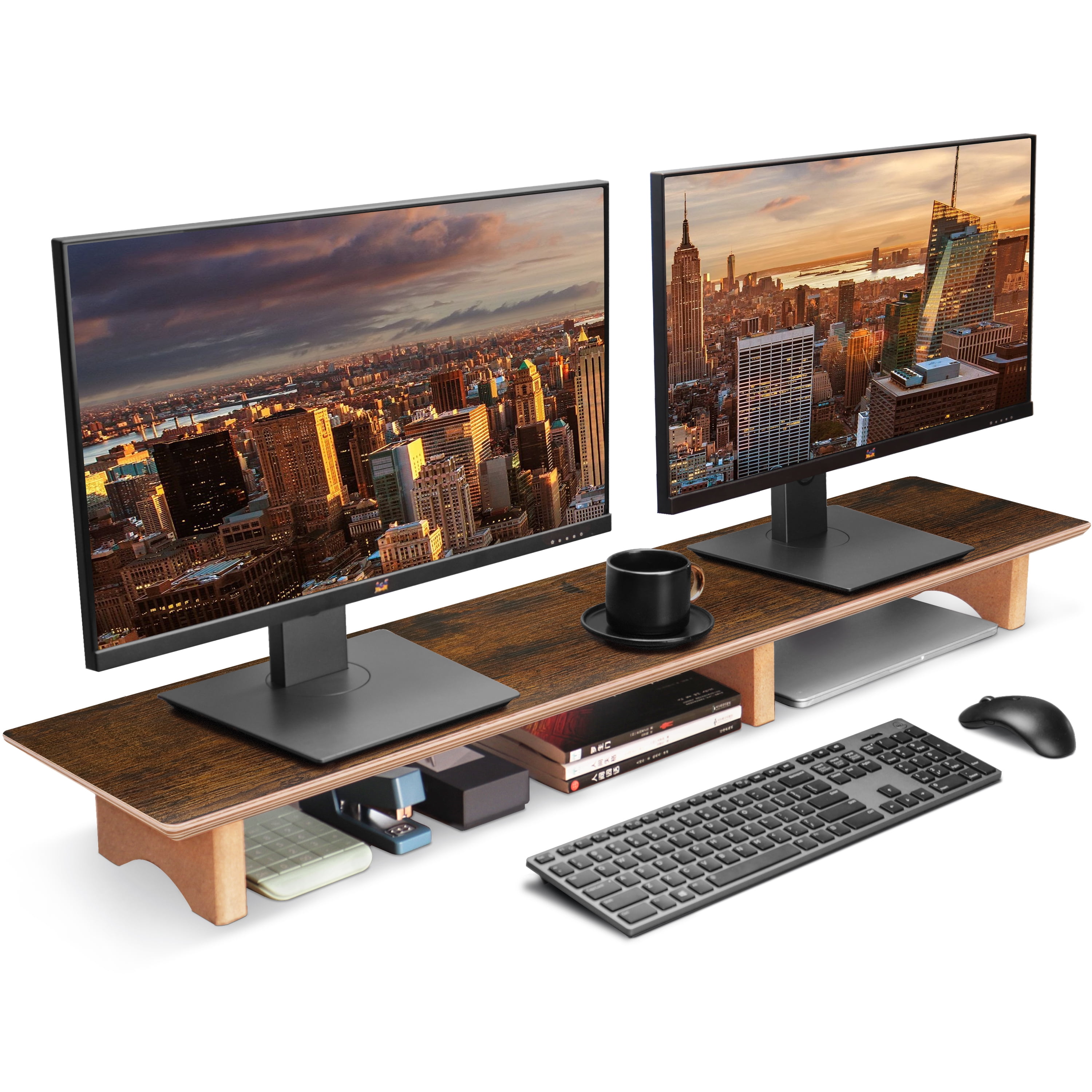 Aothia Soporte grande para monitor doble, soporte para monitor de  computadora, estante de escritorio para monitor, soporte de monitor de  madera con