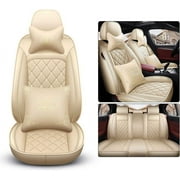Aotiyer Full Set Car Seat Covers, Crown PU Leather Car Seat Cover Full Surround, Durable Comfortable Automotive Vehicle Cushion Cover Fit for Most 5 Seats Cars/SUV/Truck/Vans (Beige)