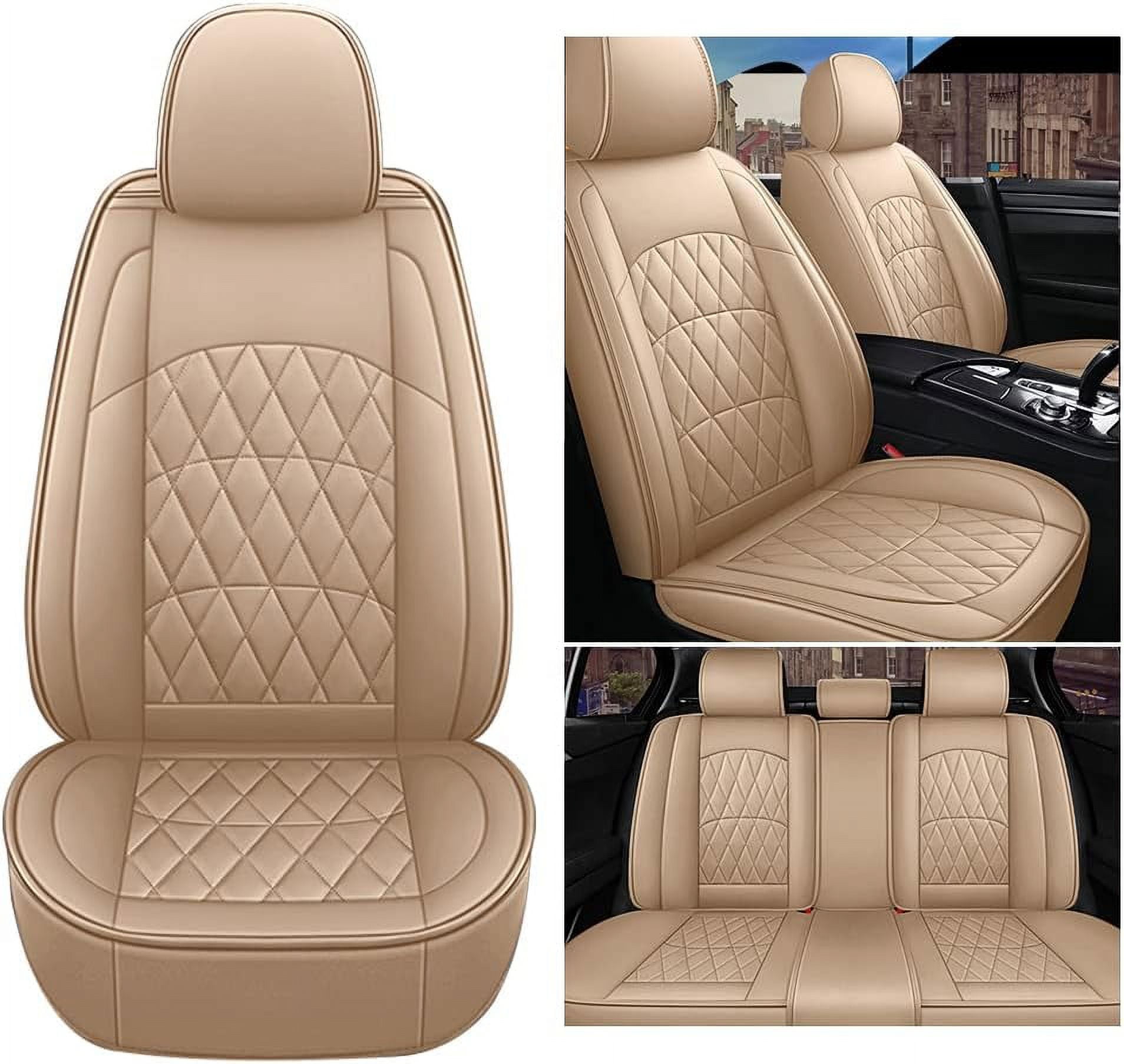 Universal Leather Car Seat Covers Full Set - Breathable, Waterproof, Faux Leather With Air Holes, Beige