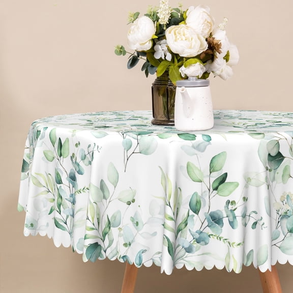 Aotofo Eucalyptus Leaves Round Tablecloth 70 Inch, Green Tablecover Waterproof Table Cloth for Kitchen, Dining