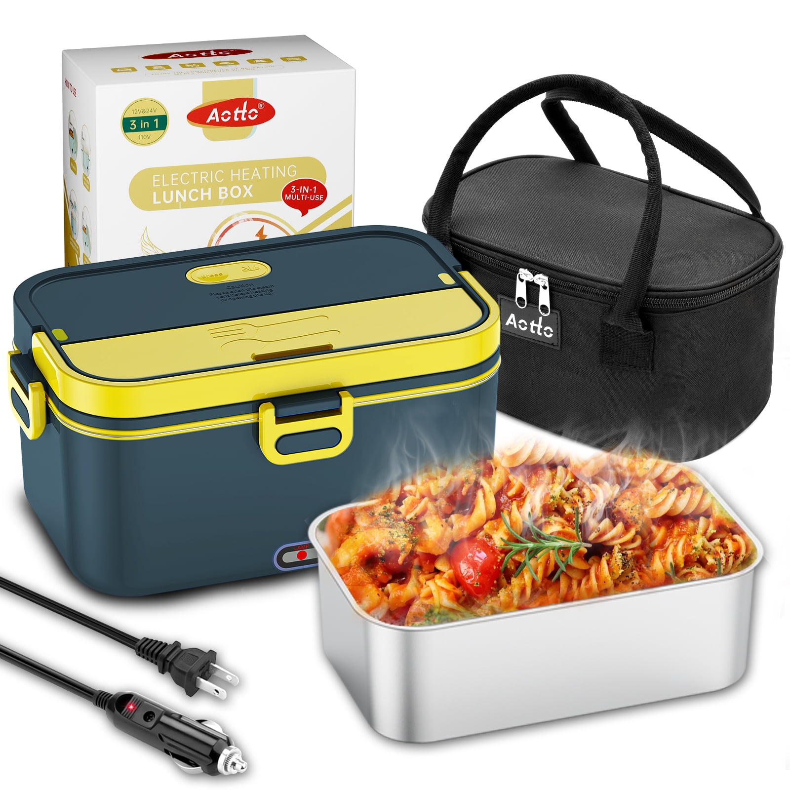 Aotto Electric Lunch Box, 90W Heated Lunch Box for Adults, 2L Faster Portable Food Warmer 12V/24V/110V for Work/Travel/Car/Truck - Leakproof, Stainless Steel Container, Carry Bag, Blue