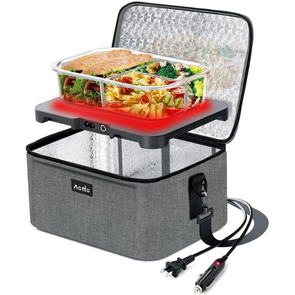 Aotto Portable Oven, 12V, 24V, 110V Portable Food Warmer, Mini Personal Microwave Heated Lunch Box for Work Reheating and Cooking Meals in Truck, Vehicle, Travel, Camping, Picnic, Gray