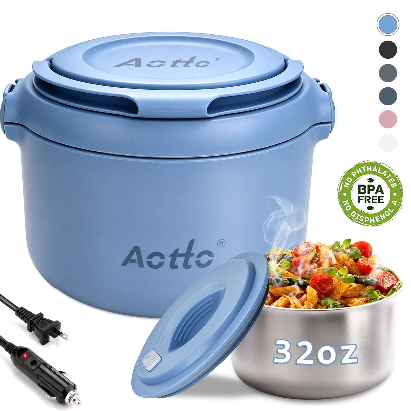 Aotto Electric Lunch Box, 32 oz Portable Heated Lunch Box for Adults, 12V/24V/110V Portable Food Warmer for Car/Truck/Work, BPA-Free, Blue