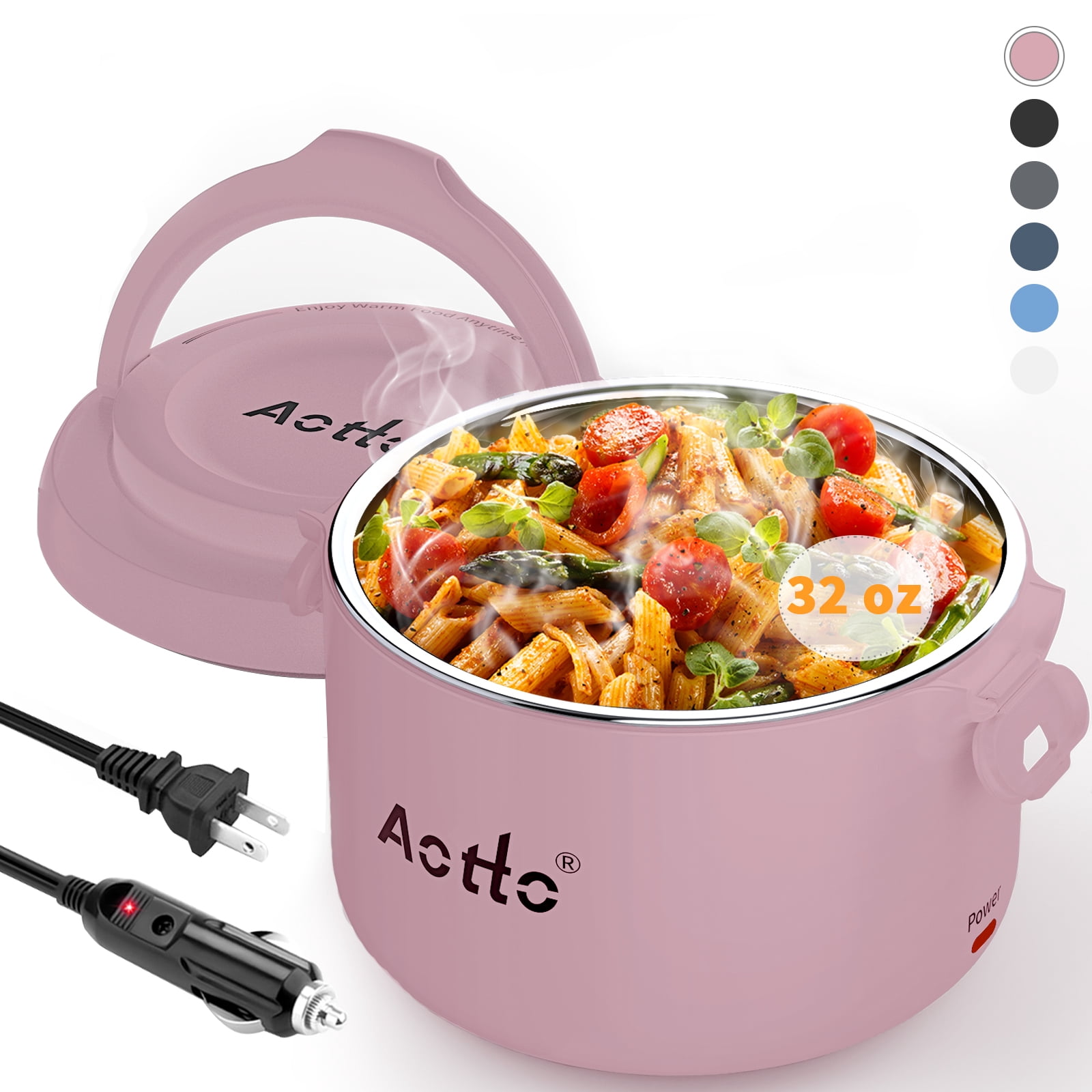 Aotto Electric Lunch Box, 32 oz Portable Heated Lunch Box for Adults, 12V/24V/110V Portable Food Warmer for Car/Truck/Work, BPA-Free, Pink