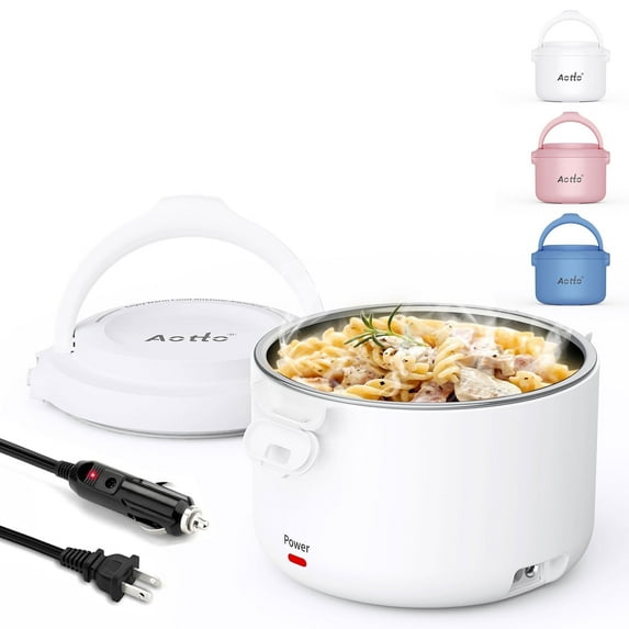 Aotto Electric Lunch Box, 32 oz Portable Heated Lunch Box for Adults, 12V/24V/110V Portable Food Warmer for Car/Truck/Work, BPA-Free, White