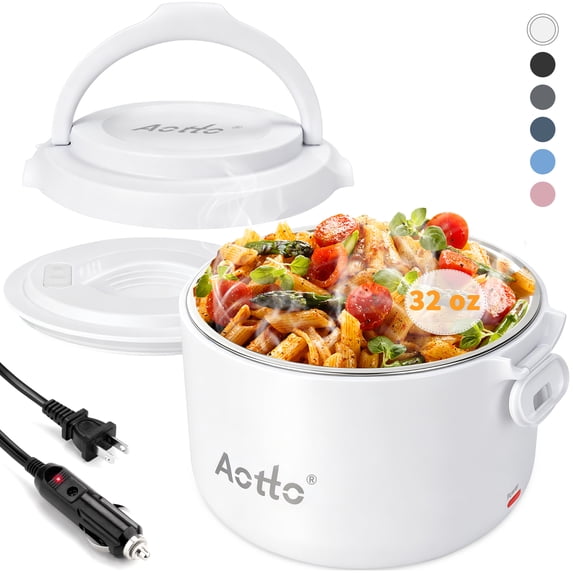 Aotto Electric Lunch Box, 32 oz Portable Heated Lunch Box for Adults, 12V/24V/110V Portable Food Warmer for Car/Truck/Work, BPA-Free, White