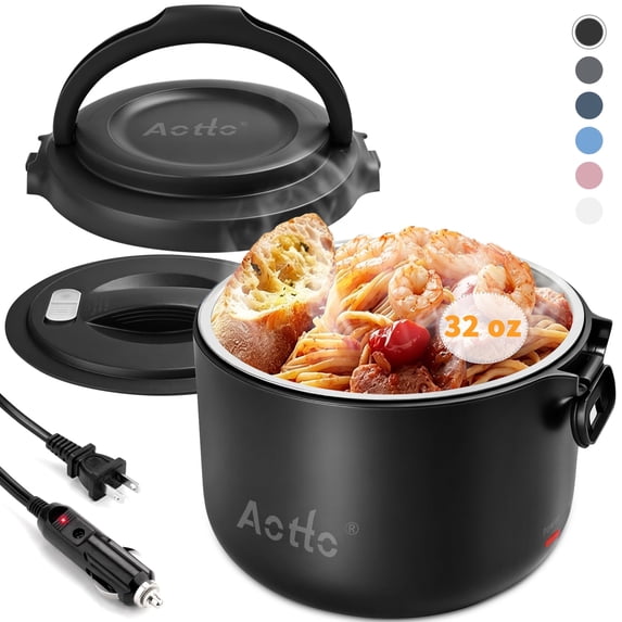 Aotto Electric Lunch Box, 32 oz Portable Heated Lunch Box for Adults, 12V/24V/110V Portable Food Warmer for Car/Truck/Work, BPA-Free, Black