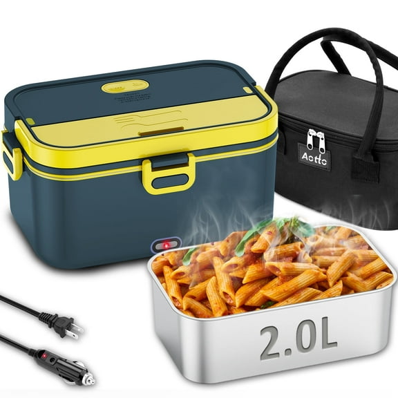 Aotto Electric Lunch Box, 90W Heated Lunch Box for Adults, 2L Faster Portable Food Warmer 12V/24V/110V for Work/Travel/Car/Truck - Leakproof, Stainless Steel Container, Carry Bag, Blue