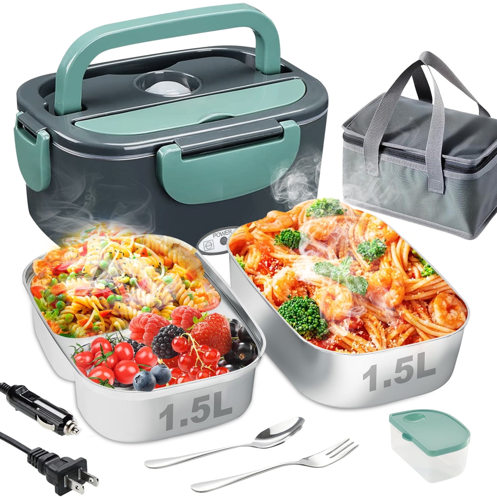Aotto Electric Lunch Box Food Heater, 80W Portable Warmer for Car Truck Work with Dual 1.5L Stainless Steel Containers, 12V/24V/110V/220V Heated Lunch Box Suitable for Ideal Driver/Work/Gift