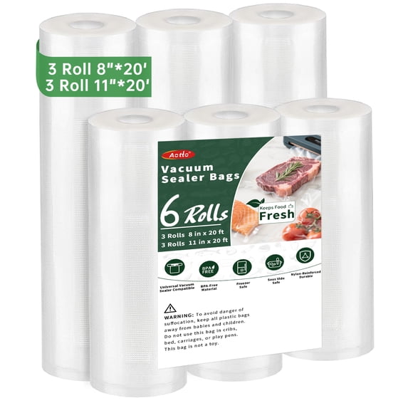 Aotto Vacuum Sealer Bags For Food, 6 Pack 3 Rolls 11" x 20' + 3 Rolls 8" x 20', Durable Cut-to-Length BPA Free Food Vac Bags for Storage, Meal Prep or Sous Vide