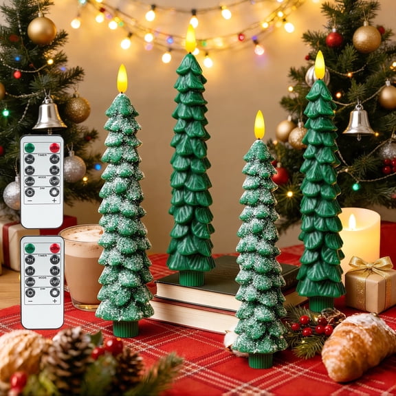 Giphtpoeet Christmas Tree Flameless Taper Candles with Remote 4 Pcs Real Wax Battery Operated LED Candles with 3D Flickering Wick Holiday Decor