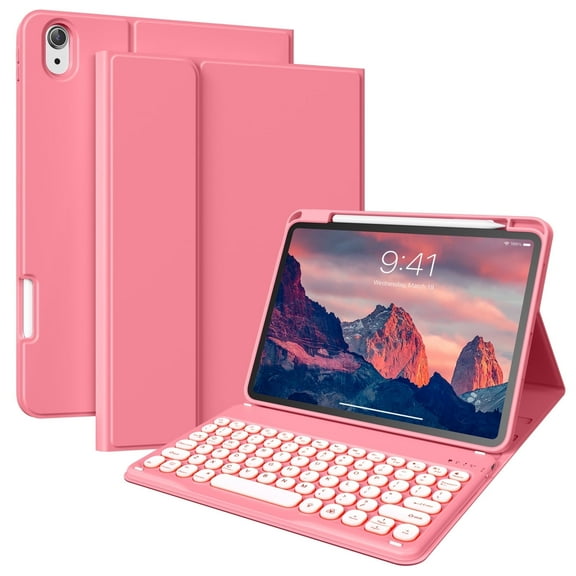 Aoub Backlit Keyboard Case for iPad 10th Generation with Pencil Holder 10.9 inch, Magnetic Detachable Wireless Bluetooth Folio Stand Rechargeable Keyboard Cover, Round Keycaps, Red