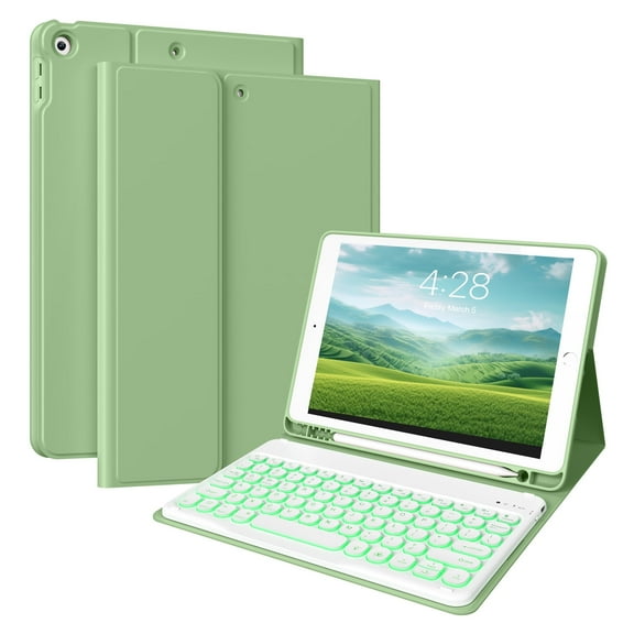 Aoub Backlit Keyboard Case for iPad 9th/8th/7th Generation 10.2 inch 2021/2020/2019 with Pencil Holder Stand Folio Detachable Wireless Bluetooth Keyboard Cover Soft TPU Back Case, Green